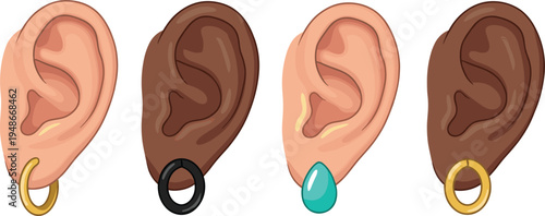 Human ear set with piercing jewelry, diverse ear shapes with earrings and studs, body piercing fashion and anatomy vector illustration