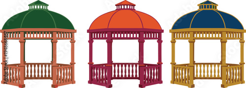 Garden gazebo pavilion set, decorative park gazebo structures with dome roof and railings for outdoor landscape architecture vector illustration