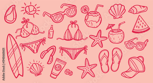 Summer vacation doodle set with beach accessories and travel items