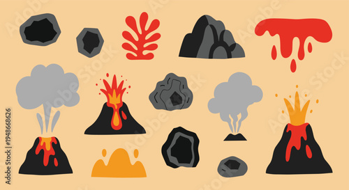 Volcano eruption collection with lava and smoke elements
