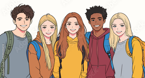 Group of five young friends posing together in a casual setting outdoors during sunny weather