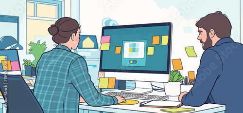 People working at a computer desk with sticky notes in a bright office setting during daytime