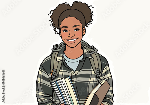 Student smiles while holding books and ready for school in the morning