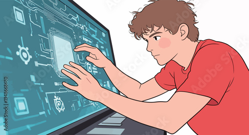 Young person interacts with a touch screen showing computer circuit designs and technology elements indoors