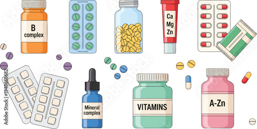 Flat vector illustration of vitamin supplements, pills, capsules and mineral bottles with blister packs, healthcare nutrition medication set isolated on white background pharmacy concept
