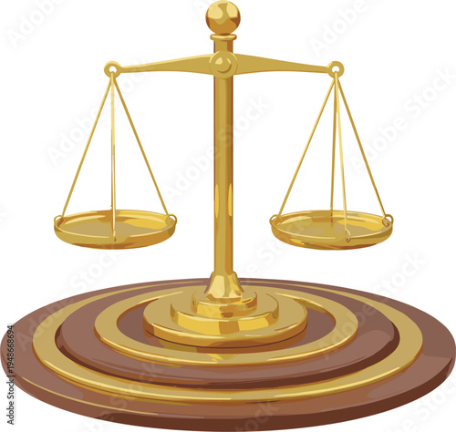 Golden justice balance scale symbol isolated on white, legal law concept illustration representing fairness, equality, court judgment and legal authority vector