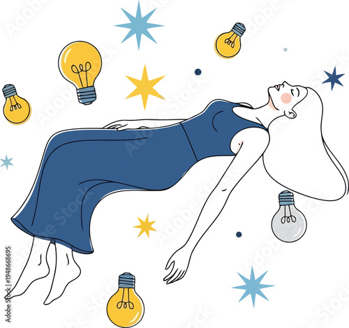 Woman Floating with Glowing Light Bulbs Creative Thinking Concept Illustration