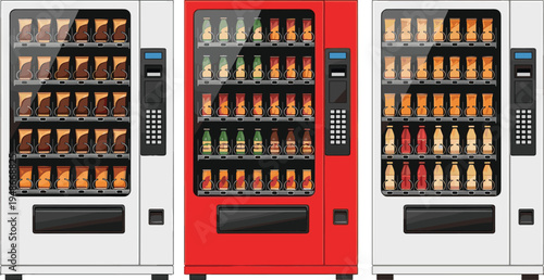 Illustration of three vending machines filled with bottled beverages, symbolizing automated drink dispensing, consumer choice, product variety, retail technology, and creative artwork projects