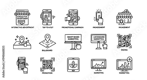 Interactive advertisement and smart marketing black icon set with smartphone tap campaign billboard vector