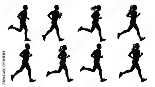 A series of silhouette illustrations depicting various running poses of male and female runners in different stages of motion