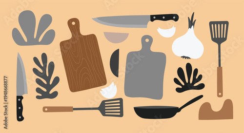 Kitchen cooking tools and ingredients flat lay illustration