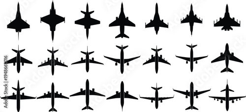 lack silhouette illustration of twenty different aircraft viewed from top-down perspective, including fighter jets, airliners, and cargo planes, symbolizing aviation design, a