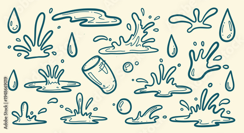 Hand drawn water splash and drop set collection