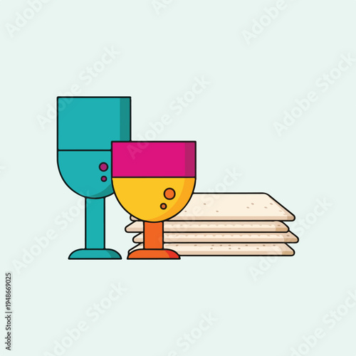 Flat illustration of two goblets next to stack of flatbread