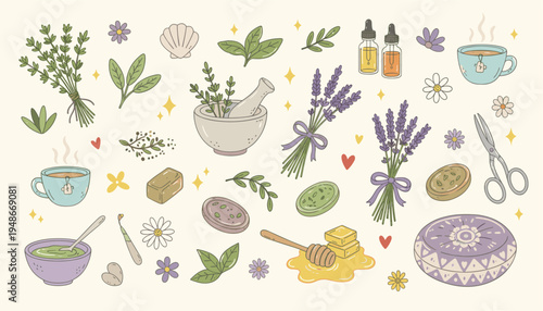 Hand drawn lavender and herbal wellness elements collection