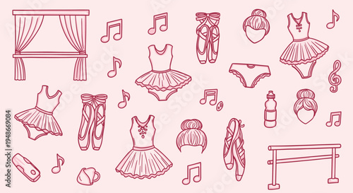 Hand drawn ballet elements set with tutus and slippers