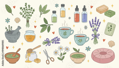 Hand drawn wellness and spa elements set with herbal tea and natural skincare products