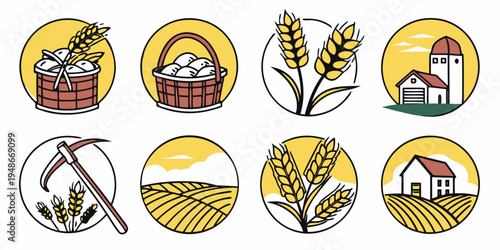 agricultural icons in a set of eight circular images Vector