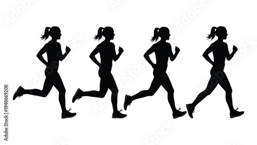 The dynamic movement of female runners in various stages of sprinting and jogging in different poses