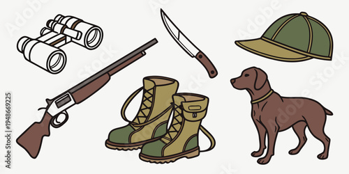 hunting gear and accessories for outdoor activities Vector