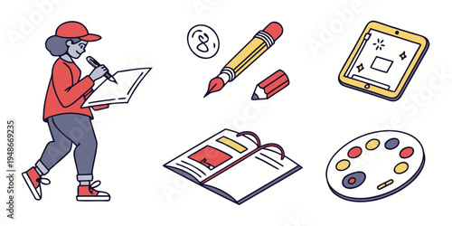 a cartoon person drawing with various art supplies Vector