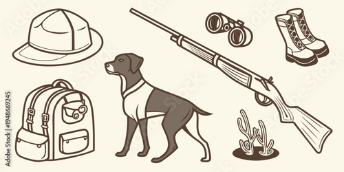 hunting dog with gear and rifle for outdoor activities Vector
