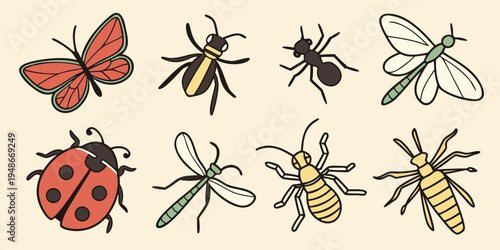 a group of insects including a butterfly and a ladybug Vector