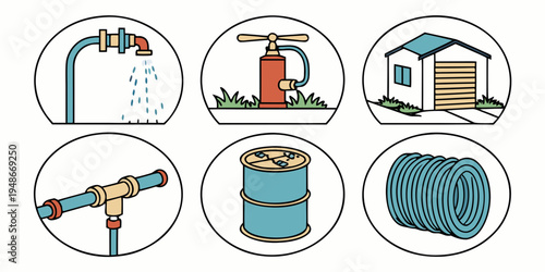 a set of six icons related to gardening and irrigation Vector