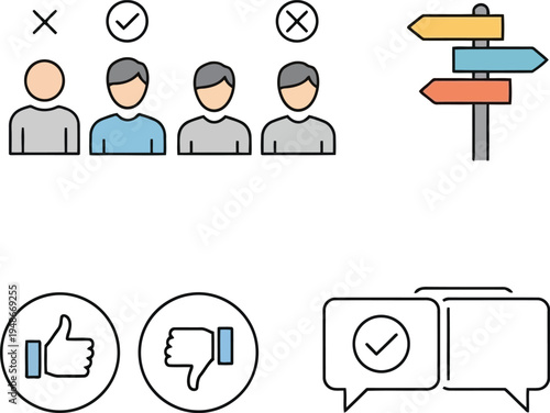 Business Feedback Icons Set with Human Selection, Direction Signs, and Social Media Symbols