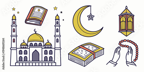ramadan kareem icons with mosque and symbols Vector