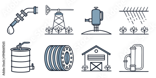 farm icons including irrigation and equipment Vector