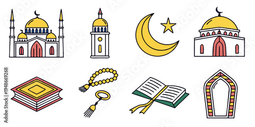 Islamic symbols and mosques icons Vector