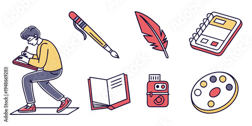 a person writing with various art supplies Vector