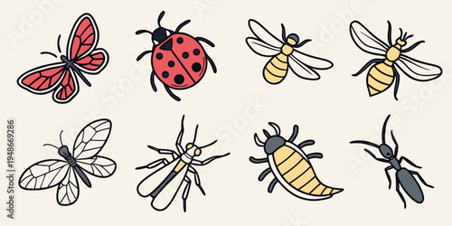 a collection of eight insects including a butterfly and a ladybug Vector