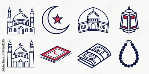 a collection of islamic symbols and architecture icons Vector