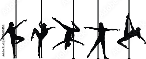 Pole dance silhouettes collection with female dancers performing acrobatic fitness poses on pole isolated vector illustration for sport training performance and dance studio design