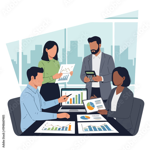 Group of diverse professionals analyzing data, charts, and graphs