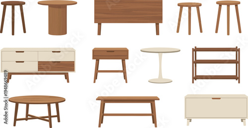 Wooden furniture collection, modern tables cabinets shelves and stools set for home interior design, minimalist furniture vector illustration