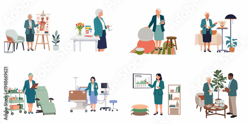 Set of illustrations depicting a senior professional midwife or healthcare provider in various clinical, educational, and office settings for maternal and prenatal care.