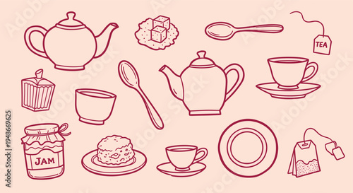 Hand drawn tea time elements set with teapots and snacks