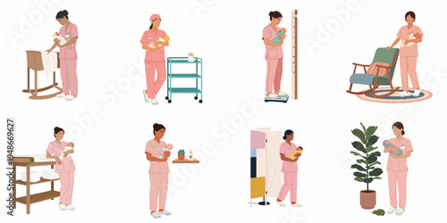 Flat vector illustration set of nurses in pink scrubs caring for newborn infants in various hospital nursery and medical clinic scenes.