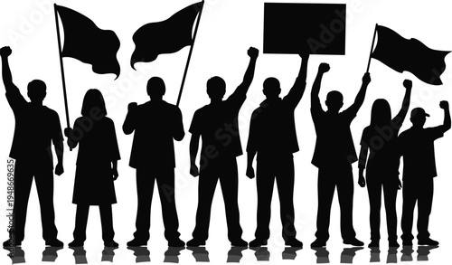 Protest crowd silhouettes holding flags and banner, people demonstration rally activism concept vector illustration isolated on white background for social movement design
