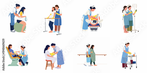 Collection of flat vector illustrations depicting various maternal care services, prenatal checkups, and assistance during labor by healthcare professionals in a hospital setting.