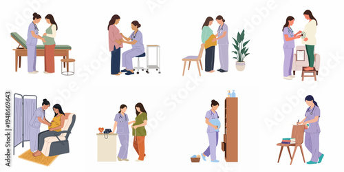 Set of flat illustrations depicting midwives and doctors providing various prenatal care services and consultations to pregnant women in a medical setting.