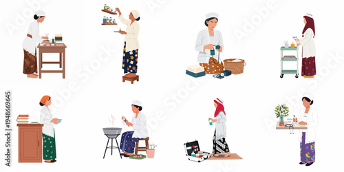 Set of Illustrations of Indonesian Midwives and Nurses in Traditional Attire Performing Various Medical Tasks and Duties