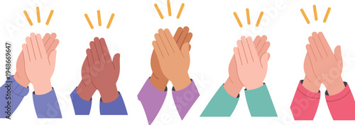 Clapping hands set, diverse human hands applauding gesture symbol for appreciation success celebration and support, flat style vector illustration