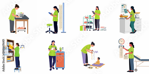 Medical nurse performing infant healthcare tasks including weighing, measuring, and record keeping, vector illustration set isolated on white background.