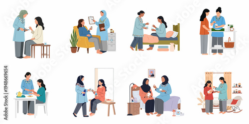 Vector illustration set of a Muslim healthcare assistant providing home care, medical guidance, and vitamins to women and new mothers in various settings.