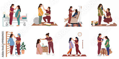 Vector illustration set showing a midwife or nurse providing support and medical care to pregnant women in hospital and home settings during labor.