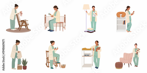 Set of flat vector illustrations depicting a midwife or postpartum nurse providing infant care, nursery preparation, and maternal health support in various domestic settings.